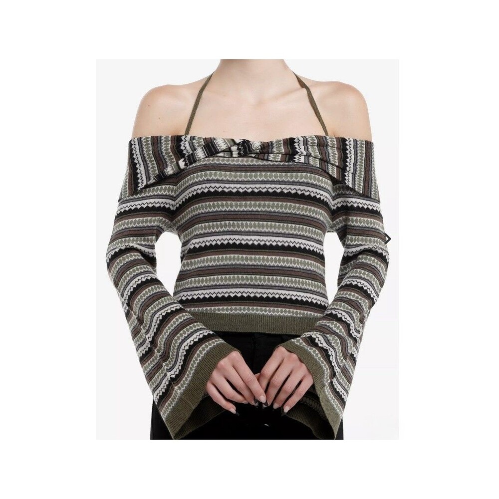 Thorn & Fable Sweater Striped Halter Bell Sleeve Off Shoulder Top M Hot Topic